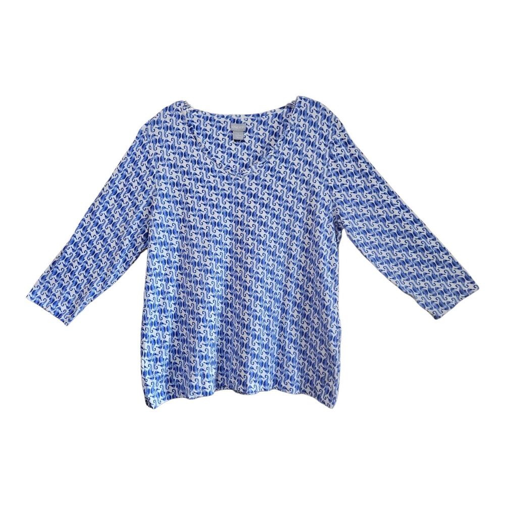 CHICO'S 3 Women XL Seahorse Top Blue White 3/4 Slv Coastal Pima Cotton Knit 42"